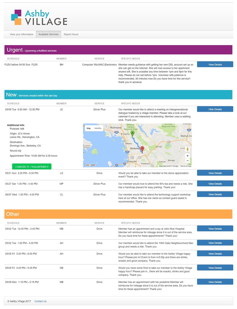 Ashby Village's volunteer management and sign up interface