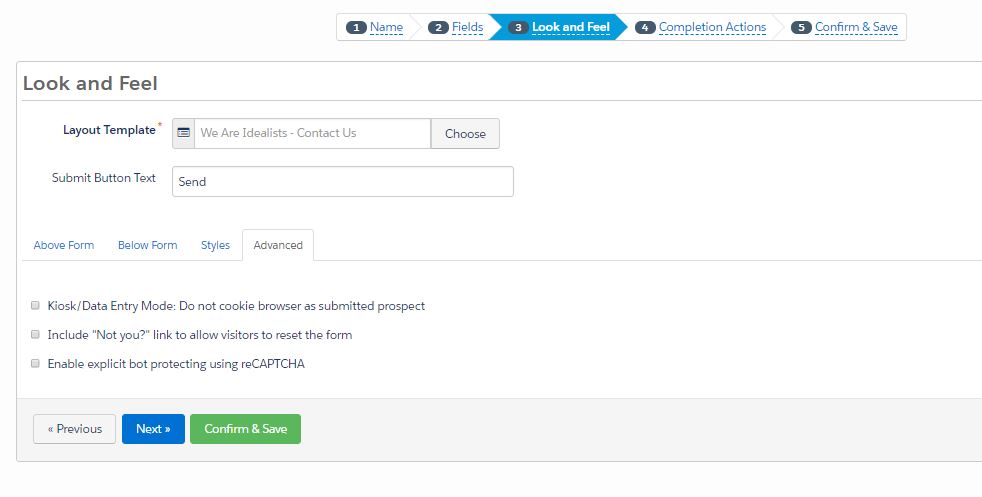 The Kiosk Mode setting in advanced Pardot form settings