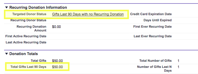 Targeted next ask amount and donor status fields in salesforce npsp